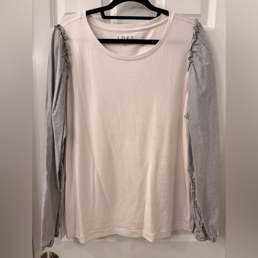LOFT Light Pink Long-Sleeve Top with Black-and-White Striped Sleeves